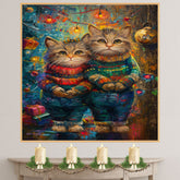 Christmas Kittens in Colorful Sweaters Adorable Holiday Cat Painting Festive Winter Lights Scene Perfect for Cozy Home Office Seasonal Decoration or Gift on Ready to Hang 1.5" Thick Canvas Wrap, Floating Framed Canvas, Flat Rolled Canvas
